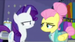 Size: 640x360 | Tagged: safe, screencap, character:fluttershy, character:rarity, species:pegasus, species:pony, species:unicorn, episode:fake it 'til you make it, alternate hairstyle, animated, fluttergoth, hipstershy, low quality, screaming, severeshy, sound, webm, you're fired