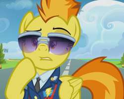 Size: 489x393 | Tagged: safe, screencap, character:spitfire, species:pegasus, species:pony, episode:top bolt, g4, my little pony: friendship is magic, clothing, cropped, female, mare, solo, sunglasses, uniform, wonderbolts dress uniform