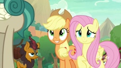 Size: 1920x1080 | Tagged: safe, screencap, character:applejack, character:autumn afternoon, character:cinder glow, character:fluttershy, character:pumpkin smoke, character:rain shine, character:summer flare, species:earth pony, species:kirin, species:pegasus, species:pony, episode:sounds of silence, g4, my little pony: friendship is magic, background kirin, cute, female, male, mare, raised hoof, smiling