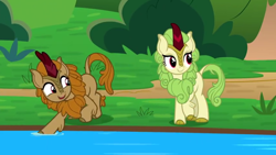Size: 1280x720 | Tagged: safe, screencap, character:fern flare, character:spring glow, species:kirin, episode:sounds of silence, g4, my little pony: friendship is magic, background kirin, cute, duo, playful, smiling, water