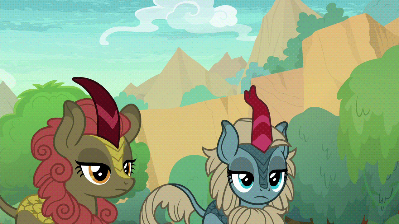 Size: 1280x720 | Tagged: safe, screencap, character:maple brown, character:rain shine, character:sparkling brook, species:kirin, episode:sounds of silence, g4, my little pony: friendship is magic, animated, background kirin, cute, emotionless, female, head tilt