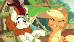 Size: 1280x720 | Tagged: safe, screencap, character:applejack, character:autumn blaze, species:kirin, episode:sounds of silence, g4, my little pony: friendship is magic, a kirin tale, applejack is not amused, awwtumn blaze, cheerful, clothing, cloven hooves, cowboy hat, cute, faec, hat, singing, stetson, unamused