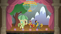 Size: 1280x720 | Tagged: safe, screencap, character:fall flower, character:spring glow, character:winter flame, species:kirin, episode:sounds of silence, g4, my little pony: friendship is magic, background kirin, chandelier, clothing, dress, phantom of the opera, raised hoof, singing, stage, trio