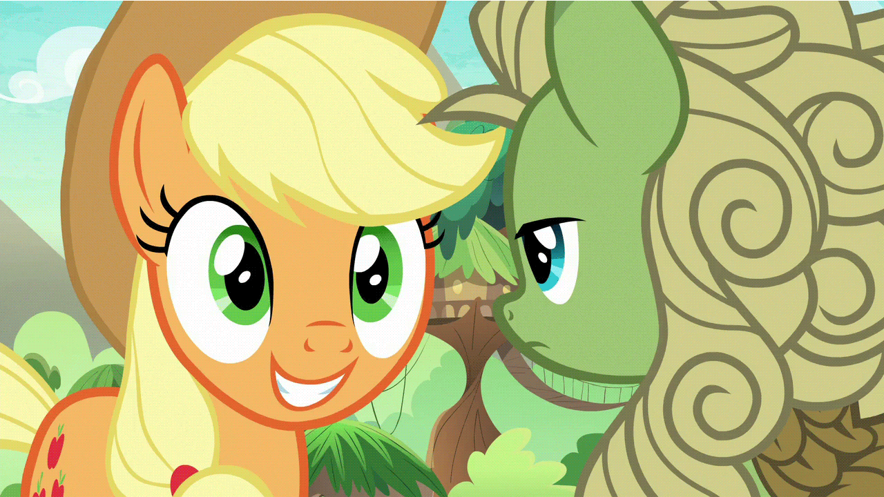 Size: 1280x720 | Tagged: safe, screencap, character:applejack, character:forest fall, species:kirin, episode:sounds of silence, g4, my little pony: friendship is magic, animated, annoyed, applejack is not amused, background kirin, duo, faec, frown, mood swing, smiling, unamused