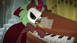 Size: 1280x720 | Tagged: safe, screencap, character:cinder glow, character:summer flare, species:kirin, episode:sounds of silence, g4, my little pony: friendship is magic, background kirin, cape, clothing, mask, musical instrument, organ, phantom of the opera, pipe organ