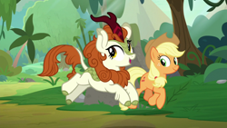 Size: 1280x720 | Tagged: safe, screencap, character:applejack, character:autumn blaze, species:kirin, episode:sounds of silence, g4, my little pony: friendship is magic, applejack's hat, clothing, cowboy hat, happy, hat, prancing, singing, smiling