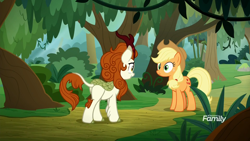 Size: 1920x1080 | Tagged: safe, screencap, character:applejack, character:autumn blaze, species:earth pony, species:kirin, species:pony, episode:sounds of silence, g4, my little pony: friendship is magic, animation error, discovery family logo, jungle, path, plot, tree, vine