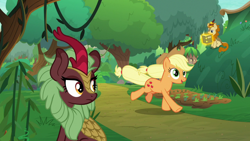 Size: 1280x720 | Tagged: safe, screencap, character:applejack, character:autumn afternoon, character:cinder glow, character:summer flare, species:earth pony, species:kirin, species:pony, episode:sounds of silence, g4, my little pony: friendship is magic, background kirin, cute, female, happy, levitation, magic, magic aura, mare, reading, running, smiling, telekinesis