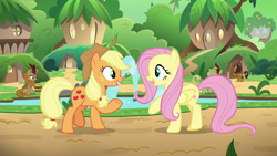 Size: 1280x720 | Tagged: safe, screencap, character:applejack, character:fern flare, character:fluttershy, character:forest fall, character:pumpkin smoke, species:earth pony, species:kirin, species:pegasus, species:pony, episode:sounds of silence, g4, my little pony: friendship is magic, background kirin, bucket, duo focus, female, fountain, kirin village, male, mare, raised hoof