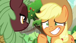 Size: 1920x1080 | Tagged: safe, screencap, character:applejack, character:cinder glow, character:summer flare, species:kirin, species:pony, episode:sounds of silence, g4, my little pony: friendship is magic, awkward, discovery family logo, duo, female, mare