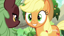 Size: 1920x1080 | Tagged: safe, screencap, character:applejack, character:cinder glow, character:summer flare, species:earth pony, species:kirin, species:pony, episode:sounds of silence, g4, my little pony: friendship is magic, duo, female, mare, smiling
