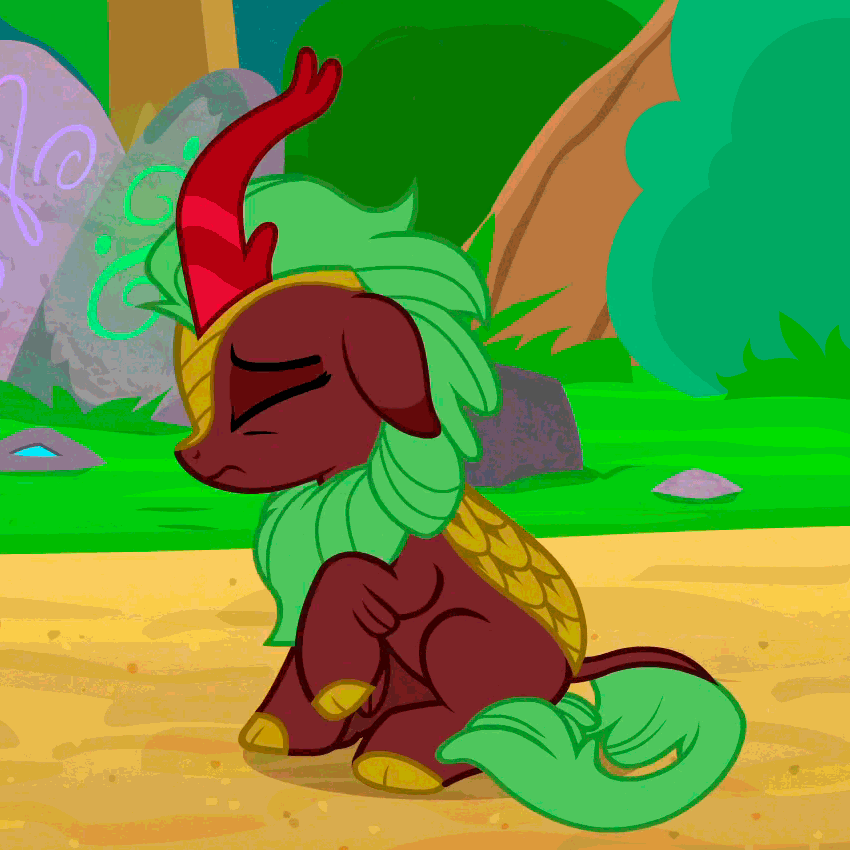 Size: 850x850 | Tagged: safe, screencap, character:cinder glow, character:summer flare, species:kirin, episode:sounds of silence, g4, my little pony: friendship is magic, animated, background kirin, behaving like a dog, cinderbetes, cloven hooves, cropped, cute, female, floppy ears, gif, head shake, loop, solo