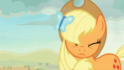 Size: 1280x720 | Tagged: safe, screencap, character:applejack, character:autumn blaze, species:earth pony, species:kirin, species:pony, episode:sounds of silence, g4, my little pony: friendship is magic, animated, butterfly, cliff, clothing, cloud, cloven hooves, cowboy hat, duo, feelings, female, forest, grin, hat, hut, mare, mountain, peaks of peril, sky, smiling, sound, talking, tree, treehouse, valley, webm
