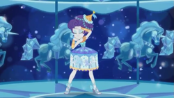 Size: 853x480 | Tagged: safe, screencap, character:rarity, episode:the other side, g4, my little pony:equestria girls, carousel, carousel dress, clothing, dress, eyes closed, feet, high heels, music video, pose, ribbon, sandals, shoes, stylish, toes