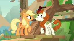 Size: 1920x1080 | Tagged: safe, screencap, character:applejack, character:autumn blaze, species:earth pony, species:kirin, species:pony, episode:sounds of silence, g4, my little pony: friendship is magic, clothing, cloven hooves, cowboy hat, duo, female, forest, grin, hat, mare, mountain, raised hoof, sky, smiling, stare, tree