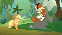 Size: 1920x1080 | Tagged: safe, screencap, character:applejack, character:autumn blaze, species:earth pony, species:kirin, species:pony, episode:sounds of silence, g4, my little pony: friendship is magic, a kirin tale, clothing, cloven hooves, cowboy hat, duo, female, forest, hat, mare, mountain, parkour, path, rock, singing, tree