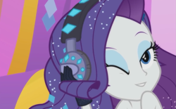 Size: 1161x720 | Tagged: safe, screencap, character:rarity, episode:the other side, g4, my little pony:equestria girls, bare shoulders, beautiful, female, headphones, looking at you, one eye closed, wink