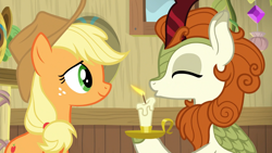 Size: 1920x1080 | Tagged: safe, screencap, character:applejack, character:autumn blaze, species:earth pony, species:kirin, species:pony, episode:sounds of silence, g4, my little pony: friendship is magic, a kirin tale, candle, eyes closed, gem, smiling, treehouse