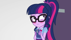 Size: 1920x1080 | Tagged: safe, screencap, character:twilight sparkle, character:twilight sparkle (scitwi), species:eqg human, equestria girls:rollercoaster of friendship, g4, my little pony:equestria girls, blushing, bow tie, cellphone, cute, embarrassed, female, geode of telekinesis, glasses, magical geodes, phone, ponytail, smartphone, solo, twiabetes