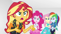 Size: 1920x1080 | Tagged: safe, screencap, character:fluttershy, character:pinkie pie, character:rainbow dash, character:sunset shimmer, equestria girls:rollercoaster of friendship, g4, my little pony:equestria girls, female, geode of empathy, geode of fauna, geode of sugar bombs, geode of super speed, magical geodes