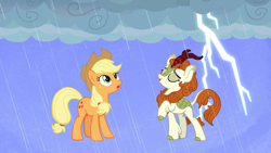 Size: 1920x1080 | Tagged: safe, screencap, character:applejack, character:autumn blaze, species:earth pony, species:kirin, species:pony, episode:sounds of silence, g4, my little pony: friendship is magic, a kirin tale, clothing, cloven hooves, cowboy hat, duo, eyes closed, female, hat, lightning, looking up, mare, rain, simple background, singing, storm
