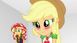 Size: 1920x1080 | Tagged: safe, screencap, character:applejack, character:sunset shimmer, equestria girls:rollercoaster of friendship, g4, my little pony:equestria girls, blushing, geode of empathy, geode of super strength, smiling