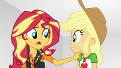 Size: 1920x1080 | Tagged: safe, screencap, character:applejack, character:sunset shimmer, equestria girls:rollercoaster of friendship, g4, my little pony:equestria girls, female, geode of empathy, geode of super strength