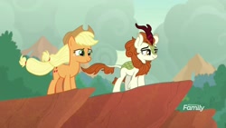 Size: 1920x1080 | Tagged: safe, screencap, character:applejack, character:autumn blaze, species:kirin, species:pony, episode:sounds of silence, g4, my little pony: friendship is magic, cliff