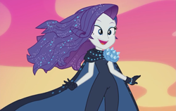 Size: 1141x720 | Tagged: safe, screencap, character:rarity, episode:the other side, g4, my little pony:equestria girls, cape, clothing, female, open mouth, pauldron, smiling, solo, windswept hair
