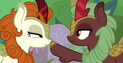 Size: 1893x967 | Tagged: safe, screencap, character:autumn blaze, character:cinder glow, character:summer flare, species:kirin, episode:sounds of silence, g4, my little pony: friendship is magic, awwtumn blaze, background kirin, boop, cinderbetes, cloven hooves, cute, duo, female, lidded eyes