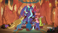 Size: 1366x768 | Tagged: safe, screencap, character:gaius, character:scales, species:dragon, episode:the hearth's warming club, g4, my little pony: friendship is magic, bloodstone scepter, discovery family logo, dragon lord, dragoness, eating, feast, female