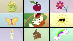 Size: 1920x1080 | Tagged: safe, screencap, character:autumn blaze, character:rainbow dash (g3), species:kirin, episode:sounds of silence, g3, g4, my little pony: friendship is magic, a kirin tale, apple, banana, basket, butterfly, candle, cutie mark, female, flower, food, happy, happy face, rainbow, squirrel, sudoku, sun, sunglasses