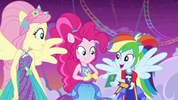 Size: 1920x1080 | Tagged: safe, screencap, character:fluttershy, character:pinkie pie, character:rainbow dash, equestria girls:rollercoaster of friendship, g4, my little pony:equestria girls, ponied up, sleeveless, super ponied up