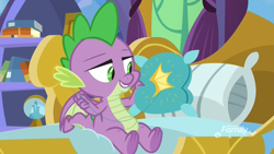 Size: 1920x1080 | Tagged: safe, screencap, character:spike, species:dragon, episode:father knows beast, g4, my little pony: friendship is magic, bed, book, discovery family logo, male, pillow, sewing, sewing needle, snow globe, solo, spike's bed, spike's room, thread, throw pillow, winged spike