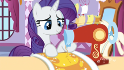 Size: 1920x1080 | Tagged: safe, screencap, character:rarity, species:pony, species:unicorn, episode:father knows beast, g4, my little pony: friendship is magic, carousel boutique, discovery family logo, fabric, female, mare, mirror, ponyquin, pushpins, sewing machine, smiling, solo, thread