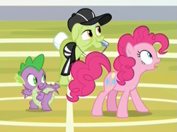 Size: 657x492 | Tagged: safe, screencap, character:granny smith, character:pinkie pie, character:spike, species:dragon, species:earth pony, species:pony, episode:father knows beast, g4, my little pony: friendship is magic, buckball court, clothing, cropped, crouching, female, hat, male, mare, referee, shirt, surprised, uniform, whistle, whistle necklace, winged spike