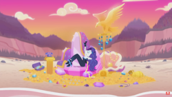 Size: 1920x1080 | Tagged: safe, screencap, character:rarity, episode:the other side, g4, my little pony:equestria girls, bare shoulders, beach, clothing, decadence, female, gem, gold, high heels, shoes, sitting, sleeveless, solo, strapless, treasure, watermark