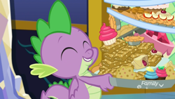 Size: 1920x1080 | Tagged: safe, screencap, character:spike, species:dragon, episode:father knows beast, g4, my little pony: friendship is magic, apple slice, baked goods, cake, carrying, cupcake, discovery family logo, eyes closed, food, gem, happy, male, muffin, pie, smiling, strudel, winged spike