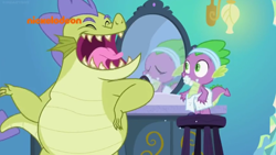 Size: 1032x580 | Tagged: safe, screencap, character:sludge, character:spike, species:dragon, episode:father knows beast, g4, my little pony: friendship is magic, animation error, bad teeth, bathroom, dirty, duo, gross, jaws, lamp, male, mirror, nickelodeon, open mouth, rotten teeth, smiling, stool, teeth, toothpaste, towel