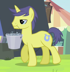 Size: 329x338 | Tagged: safe, screencap, character:comet tail, species:pony, species:unicorn, episode:trade ya, g4, my little pony: friendship is magic, background pony, bucket, cropped, lidded eyes, male, mouth hold, nails, solo, stallion, walking, wrong cutie mark