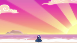 Size: 1280x720 | Tagged: safe, screencap, character:rarity, episode:the other side, g4, my little pony:equestria girls, beach, island, ocean, perspective, solo, sunset