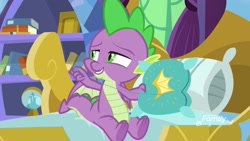 Size: 1920x1080 | Tagged: safe, screencap, character:spike, species:dragon, episode:father knows beast, g4, my little pony: friendship is magic, bed, claws, innuendo, male, pillow, solo, throw pillow, winged spike