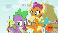 Size: 1920x1080 | Tagged: safe, screencap, character:smolder, character:spike, species:dragon, episode:father knows beast, g4, my little pony: friendship is magic, discovery family logo, dragoness, duo, female, house, josh haber, male, opening credits, ponyville, throw pillow, tv rating, tv-y, winged spike