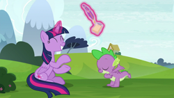 Size: 1280x720 | Tagged: safe, screencap, character:spike, character:twilight sparkle, character:twilight sparkle (alicorn), species:alicorn, species:dragon, species:pony, episode:father knows beast, g4, my little pony: friendship is magic, bowing, clapping, duo, eyes closed, female, magic, magic aura, male, mare, notepad, quill pen, sitting, telekinesis