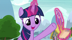 Size: 1280x720 | Tagged: safe, screencap, character:twilight sparkle, character:twilight sparkle (alicorn), species:alicorn, species:pony, episode:father knows beast, g4, my little pony: friendship is magic, female, magic, magic aura, mare, notepad, quill pen, smiling, solo, telekinesis