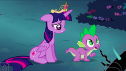 Size: 1440x811 | Tagged: safe, screencap, character:spike, character:twilight sparkle, character:twilight sparkle (alicorn), species:alicorn, species:dragon, species:pony, episode:princess twilight sparkle, g4, my little pony: friendship is magic, season 4, all fours, big crown thingy, black vine, duo, element of magic, female, jewelry, male, mare, quadrupedal spike, regalia, sitting