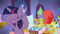 Size: 1909x1076 | Tagged: safe, screencap, character:sludge, character:twilight sparkle, character:twilight sparkle (alicorn), species:alicorn, species:dragon, species:pony, episode:father knows beast, g4, my little pony: friendship is magic, covering eyes, duo, eyes closed, female, male, mare, pillow, stretching, yawn