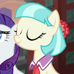 Size: 250x250 | Tagged: safe, screencap, character:coco pommel, character:rarity, species:earth pony, species:pony, species:unicorn, episode:made in manehattan, g4, my little pony: friendship is magic, animated, blinking, cocobetes, cropped, cute, eyes closed, female, gif, mare, nodding, party soft, smiling, solo focus