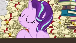 Size: 1920x1080 | Tagged: safe, screencap, character:starlight glimmer, species:pony, species:unicorn, episode:a matter of principals, g4, my little pony: friendship is magic, eyes closed, scroll, solo