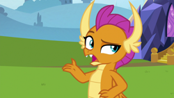 Size: 1280x720 | Tagged: safe, screencap, character:smolder, species:dragon, episode:father knows beast, g4, my little pony: friendship is magic, dragoness, female, raised eyebrow, solo